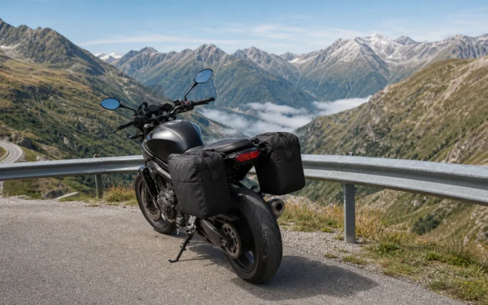 Cestovní motocykl se sedlovými brašnami na horské serpentýně v Alpách