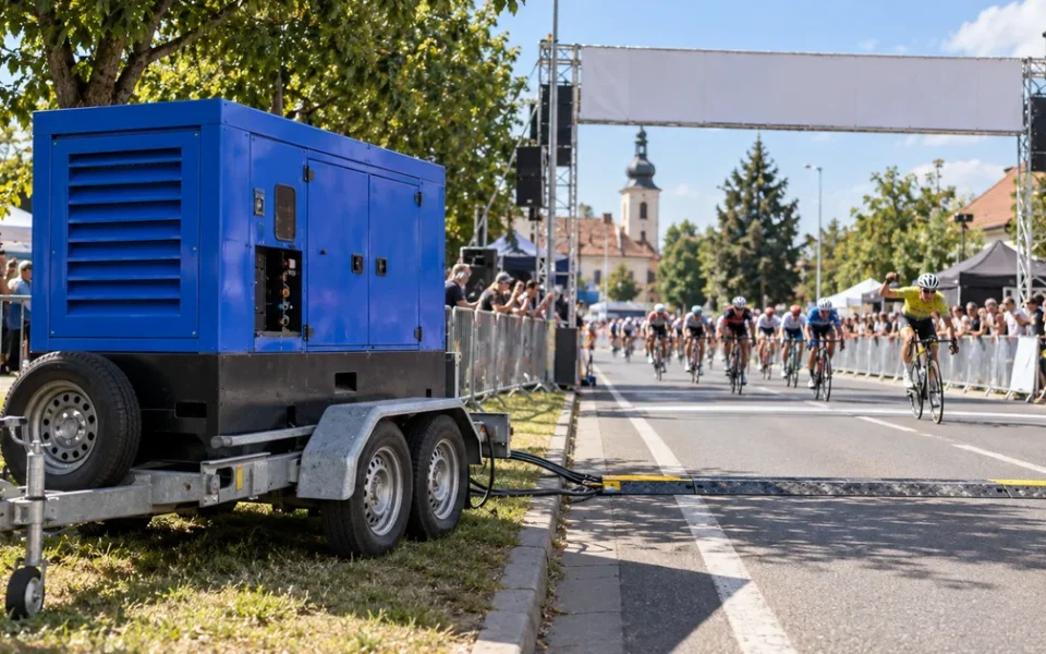 Modrá elektrocentrála na přívěsu u cílové brány etapového závodu, cyklisté v cíli, srpnové odpoledne.