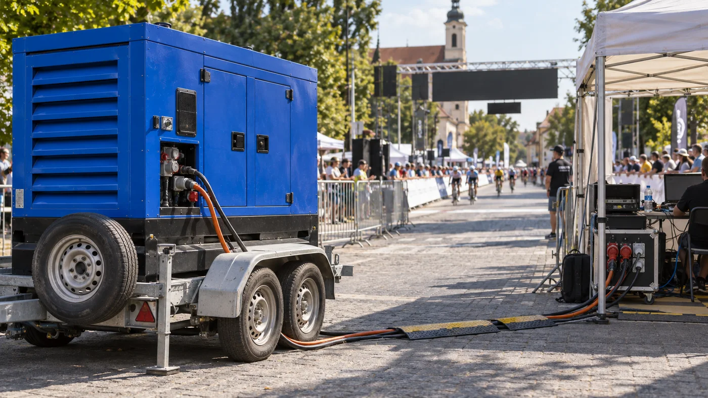 Kabeláž od modré elektrocentrály na přívěsu vedená ke stanu s časomírou a výsledkovou tabulí.