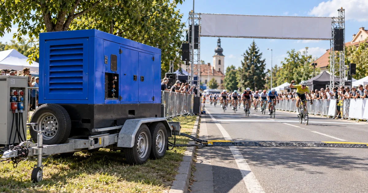 Modrá elektrocentrála na přívěsu u cílové brány etapového závodu, cyklisté v cíli, srpnové odpoledne.