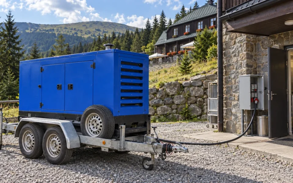 Modrá kapotovaná elektrocentrála na přívěsu na parkovišti u horského hotelu v Krkonoších, kabel k vchodu kuchyně.