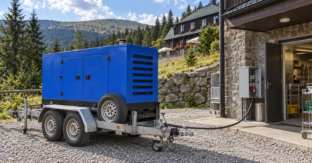 Modrá kapotovaná elektrocentrála na přívěsu na parkovišti u horského hotelu v Krkonoších, kabel k vchodu kuchyně.