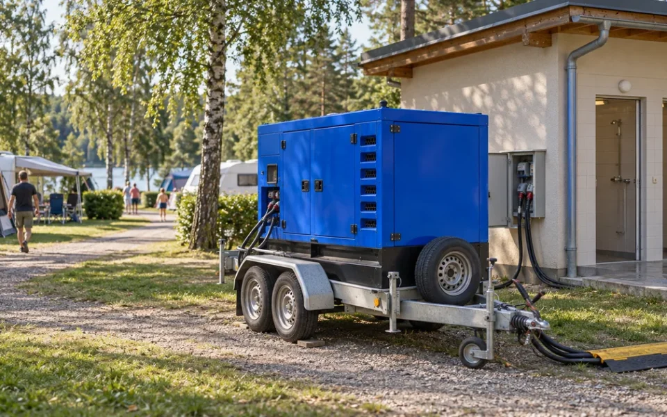 Modrá elektrocentrála na přívěsu u sprchového pavilonu kempu, stany a karavany v pozadí, letní ráno.