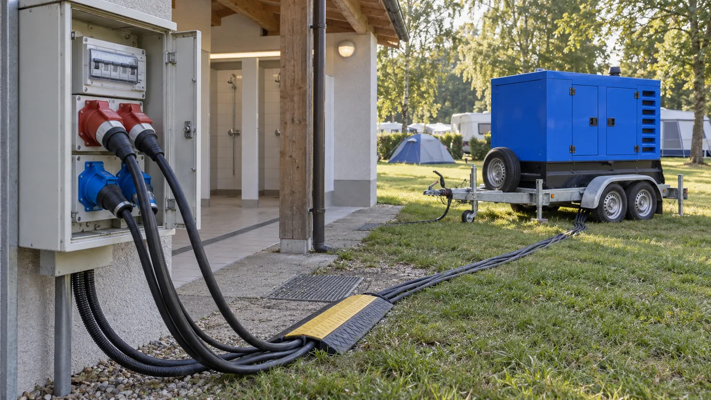 Kabeláž od modré elektrocentrály k rozvaděči sprchového pavilonu kempu, srpnové dopoledne.