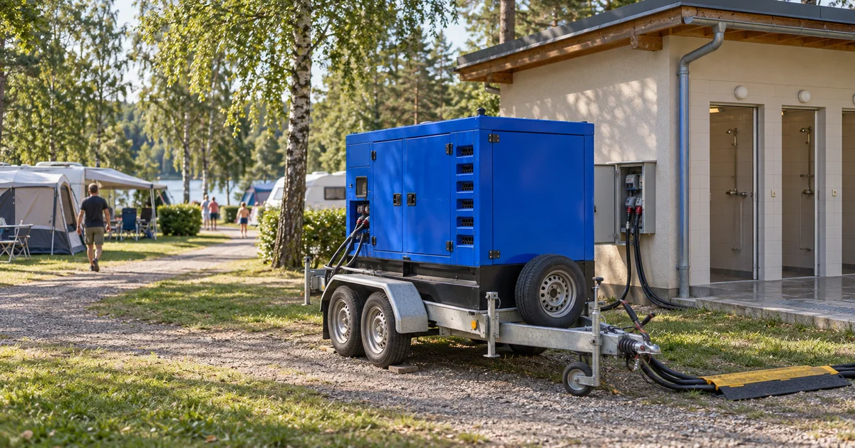 Modrá elektrocentrála na přívěsu u sprchového pavilonu kempu, stany a karavany v pozadí, letní ráno.