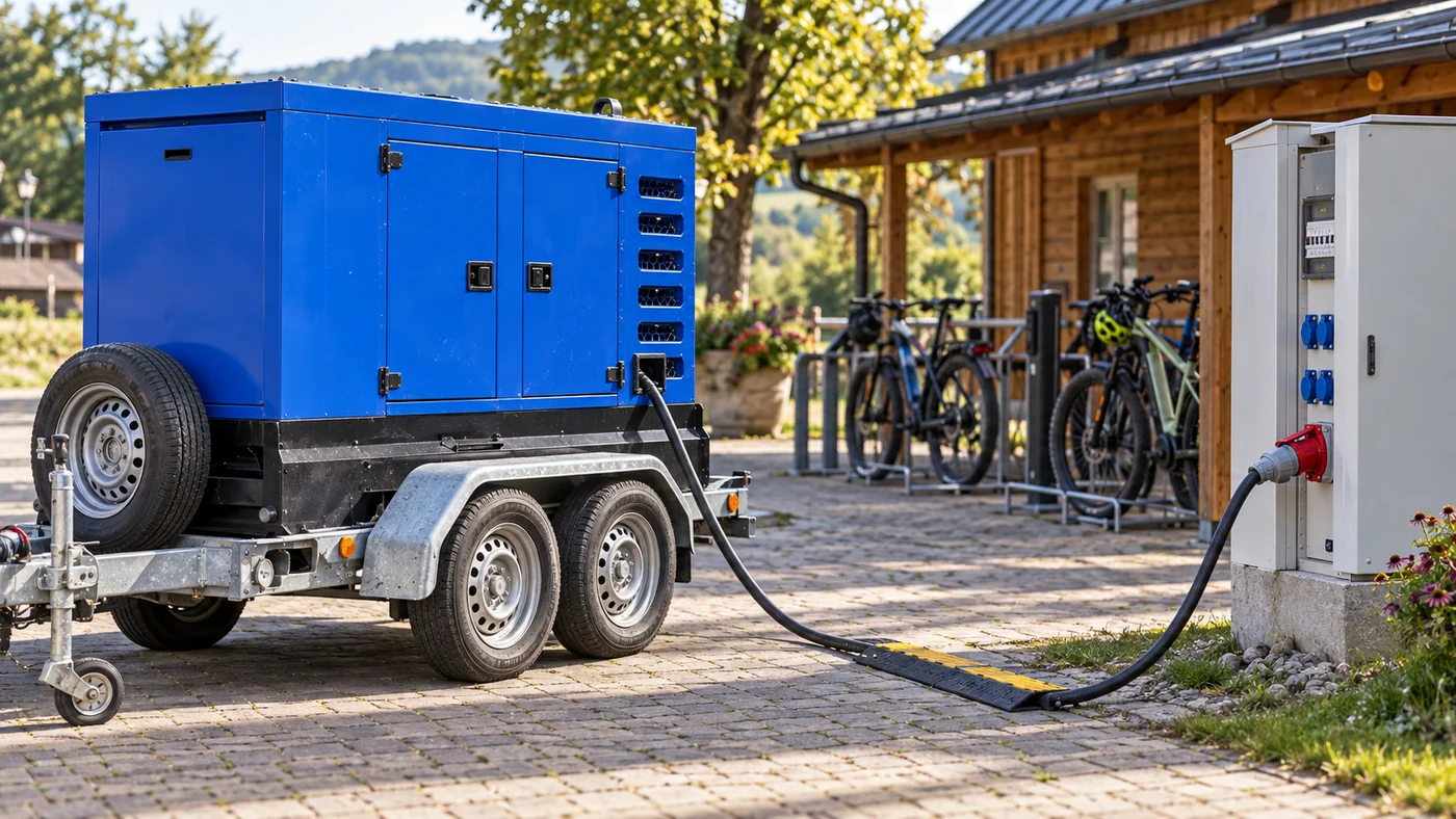 Kabel od modré elektrocentrály na přívěsu vedený k rozvodné skříni nabíjecí stanice elektrokol, ranní zářijové světlo.
