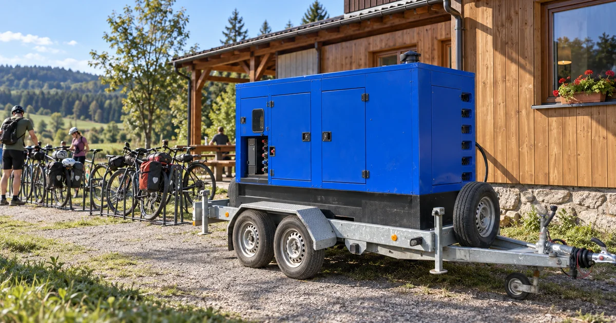 Modrá menší elektrocentrála za dřevěnou budovou základny s půjčovnou kol, kola ve stojanech, slunečné zářijové ráno.