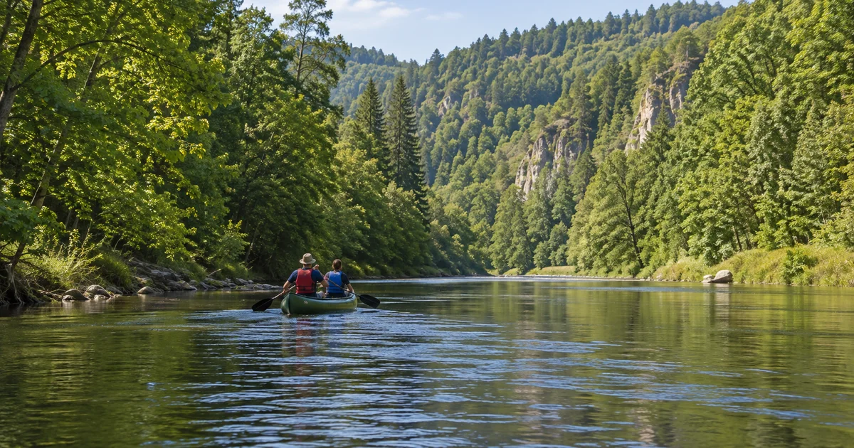 Klidná řeka se zeleným břehem a kánoe s posádkou ve vestách, letní světlo