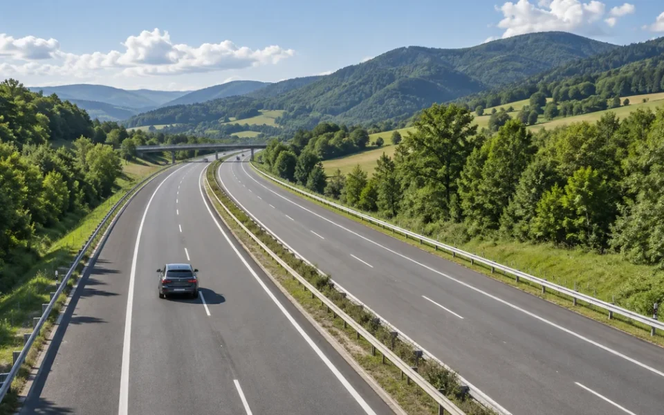 Osobní auto jede po slovenské dálnici mezi zelenými kopci za slunečného letního dne