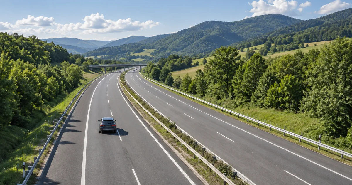 Osobní auto jede po slovenské dálnici mezi zelenými kopci za slunečného letního dne