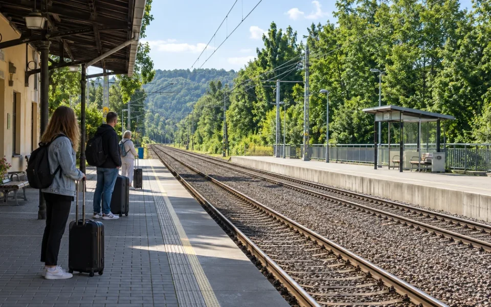 Cestující s kufry čekají na nástupišti menšího českého nádraží a dívají se podél kolejí, vlak nejede