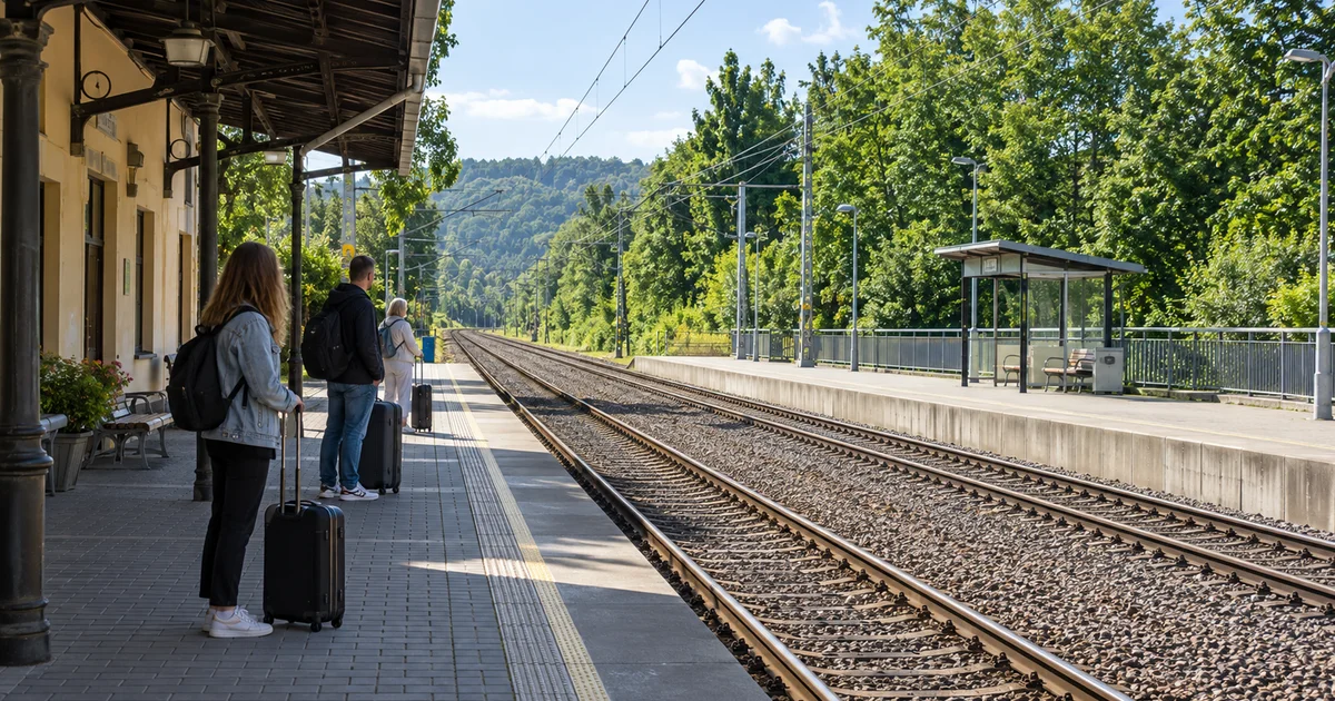 Cestující s kufry čekají na nástupišti menšího českého nádraží a dívají se podél kolejí, vlak nejede