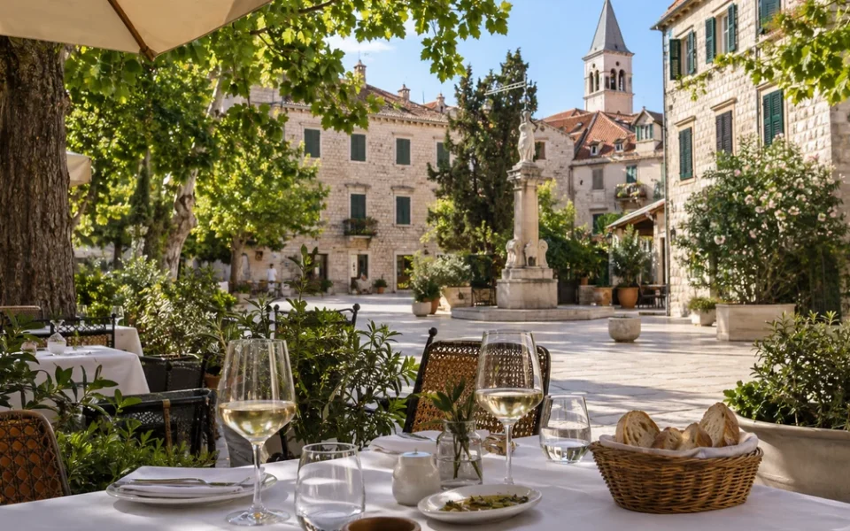 Prostřený stůl na venkovní terase restaurace ve středomořském městečku