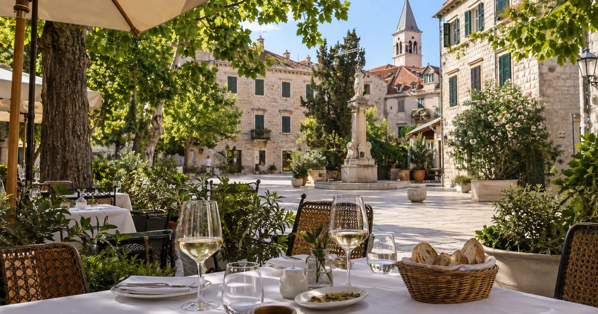 Prostřený stůl na venkovní terase restaurace ve středomořském městečku
