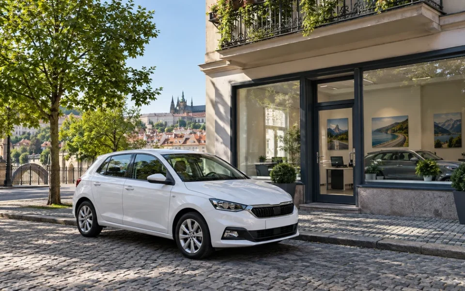 Bílý osobní automobil zaparkovaný před půjčovnou aut v evropském městě za slunného dne