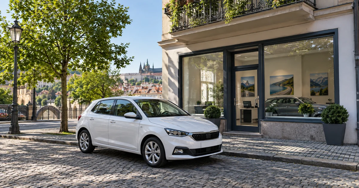 Bílý osobní automobil zaparkovaný před půjčovnou aut v evropském městě za slunného dne