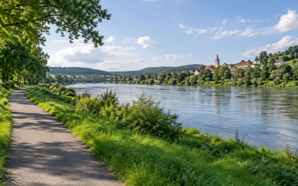 Asfaltová cyklostezka vede podél široké řeky mezi zelenými loukami a stromy, v dálce město