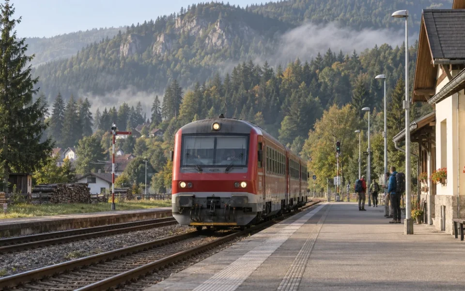 Červený motorový vlak přijíždí na malou horskou stanici, v pozadí zalesněné kopce a turisté s batohy na nástupišti