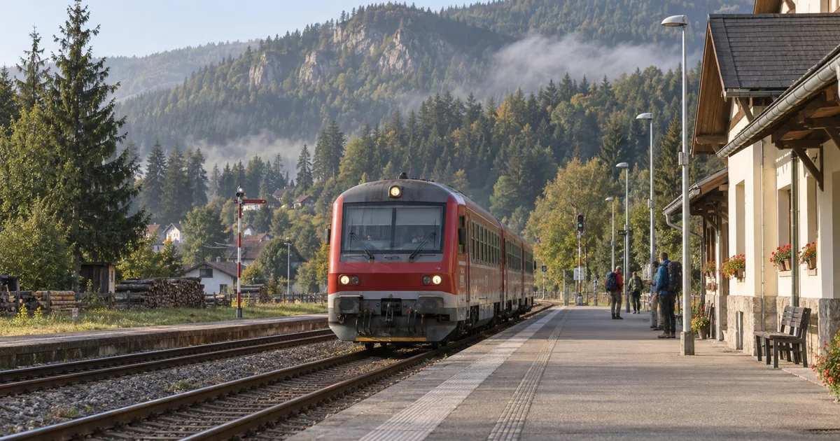 Červený motorový vlak přijíždí na malou horskou stanici, v pozadí zalesněné kopce a turisté s batohy na nástupišti