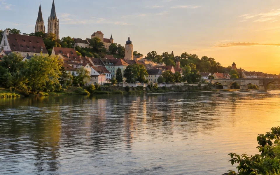 Krajina s řekou a městem při nízkém večerním slunci, teplé měkké světlo na střechách