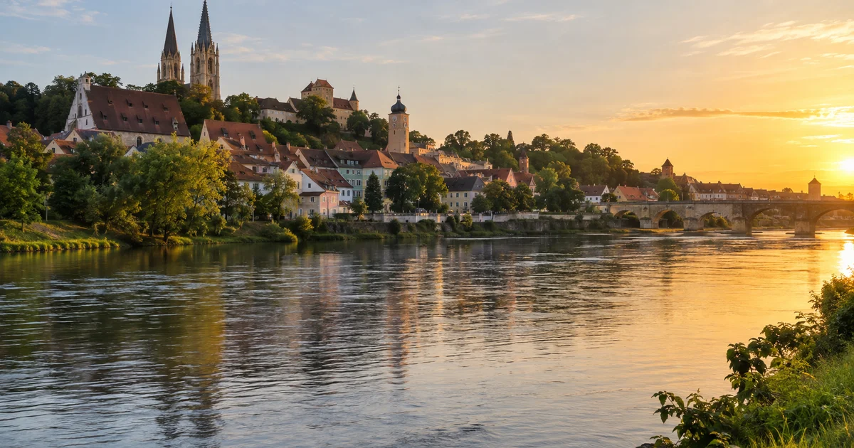 Krajina s řekou a městem při nízkém večerním slunci, teplé měkké světlo na střechách