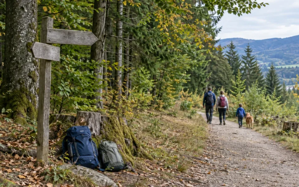 Rodinná stezka lesem s dřevěným rozcestníkem a batohy odloženými u pařezu