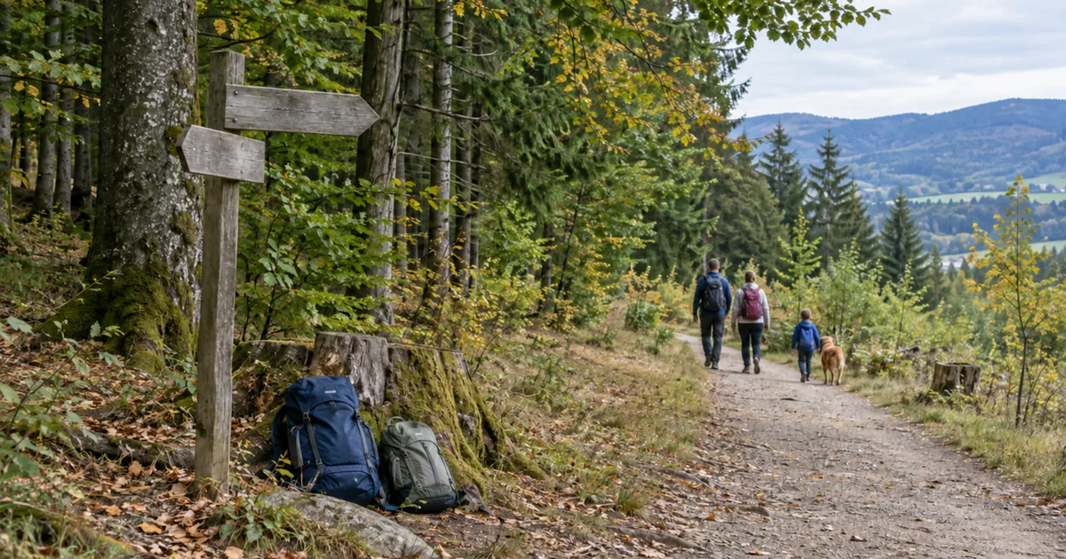 Rodinná stezka lesem s dřevěným rozcestníkem a batohy odloženými u pařezu