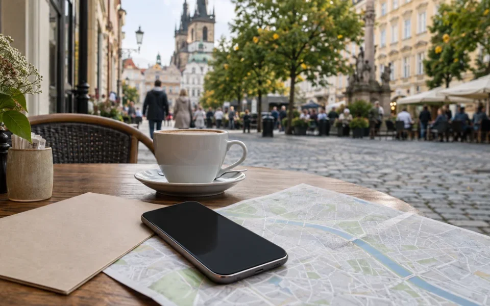 Telefon s otevřeným překladačem položený na mapě a jídelním lístku na stole v kavárně v evropském městě