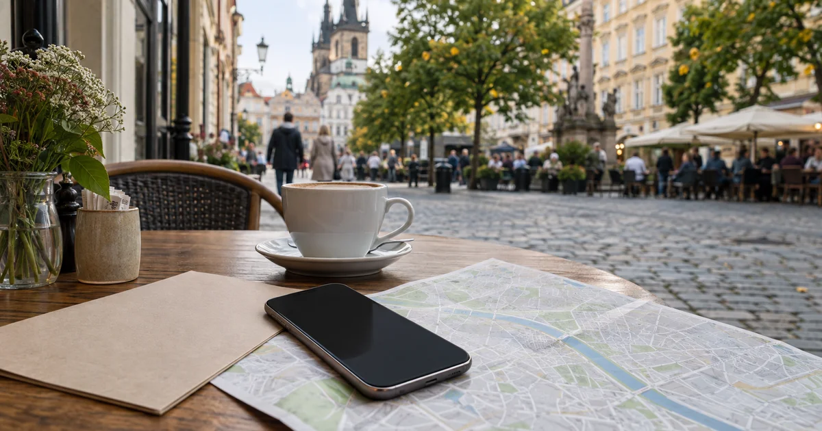 Telefon s otevřeným překladačem položený na mapě a jídelním lístku na stole v kavárně v evropském městě