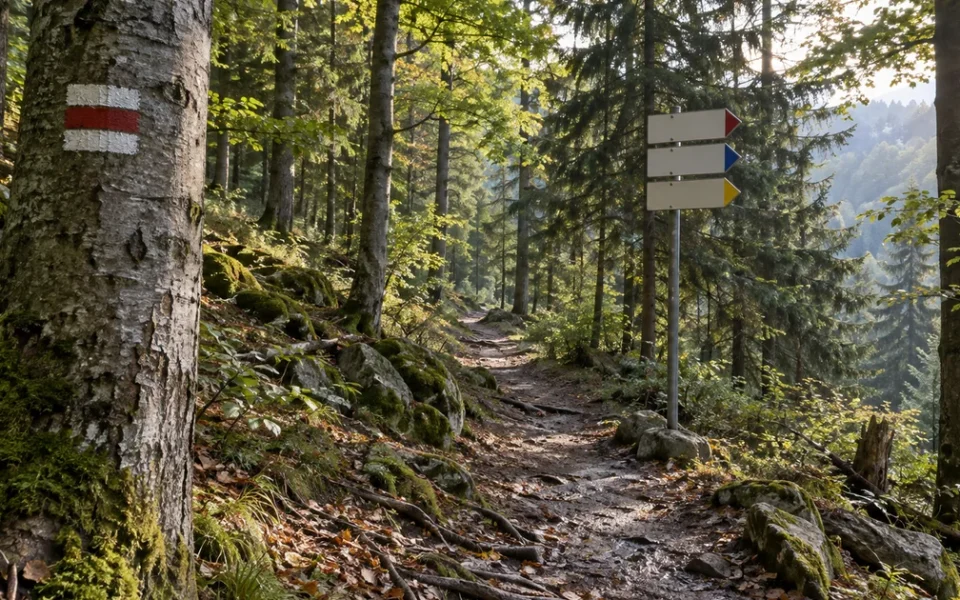 Lesní stezka v podzimním světle, na kmeni buku bílo červená pásová turistická značka a vedle cesty rozcestník s prázdnými šipkami