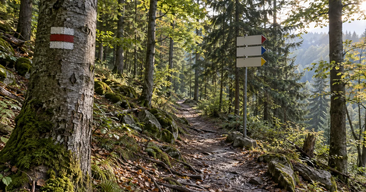 Lesní stezka v podzimním světle, na kmeni buku bílo červená pásová turistická značka a vedle cesty rozcestník s prázdnými šipkami