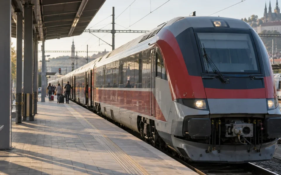 Moderní dálkový vlak stojí na nádraží ve střední Evropě, cestující se zavazadly nastupují na nástupišti v ranním světle