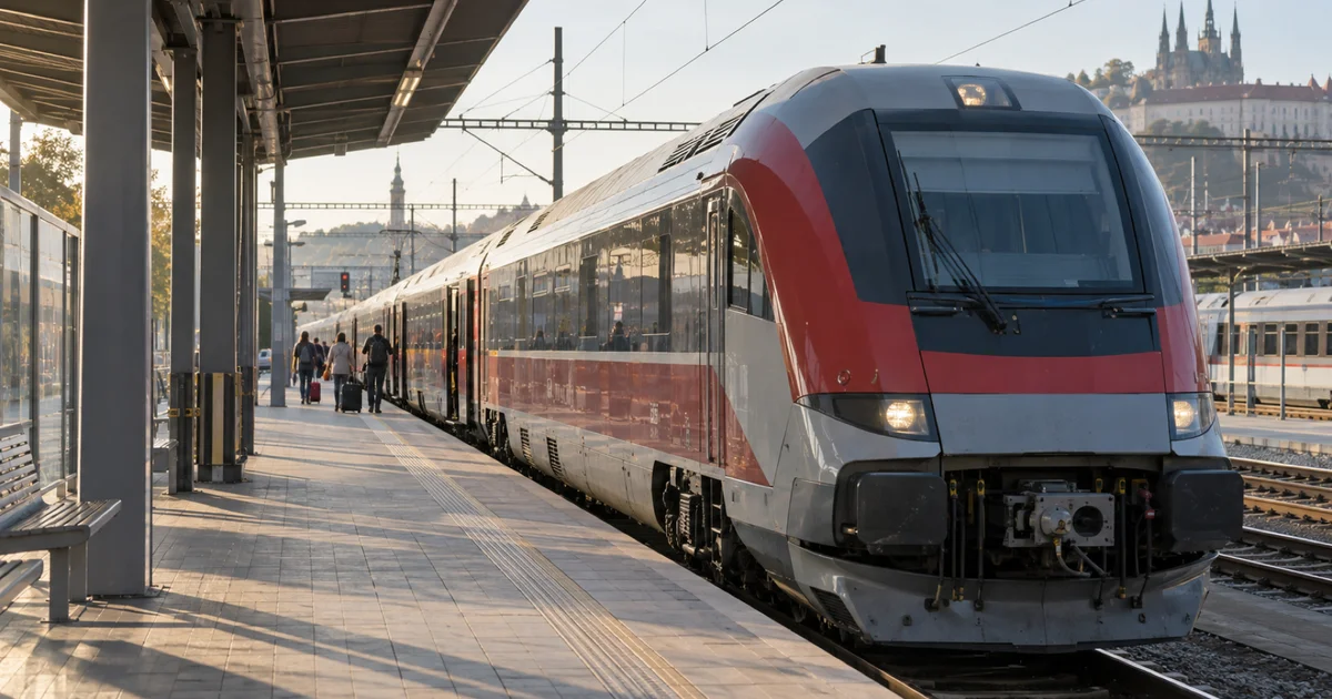 Moderní dálkový vlak stojí na nádraží ve střední Evropě, cestující se zavazadly nastupují na nástupišti v ranním světle