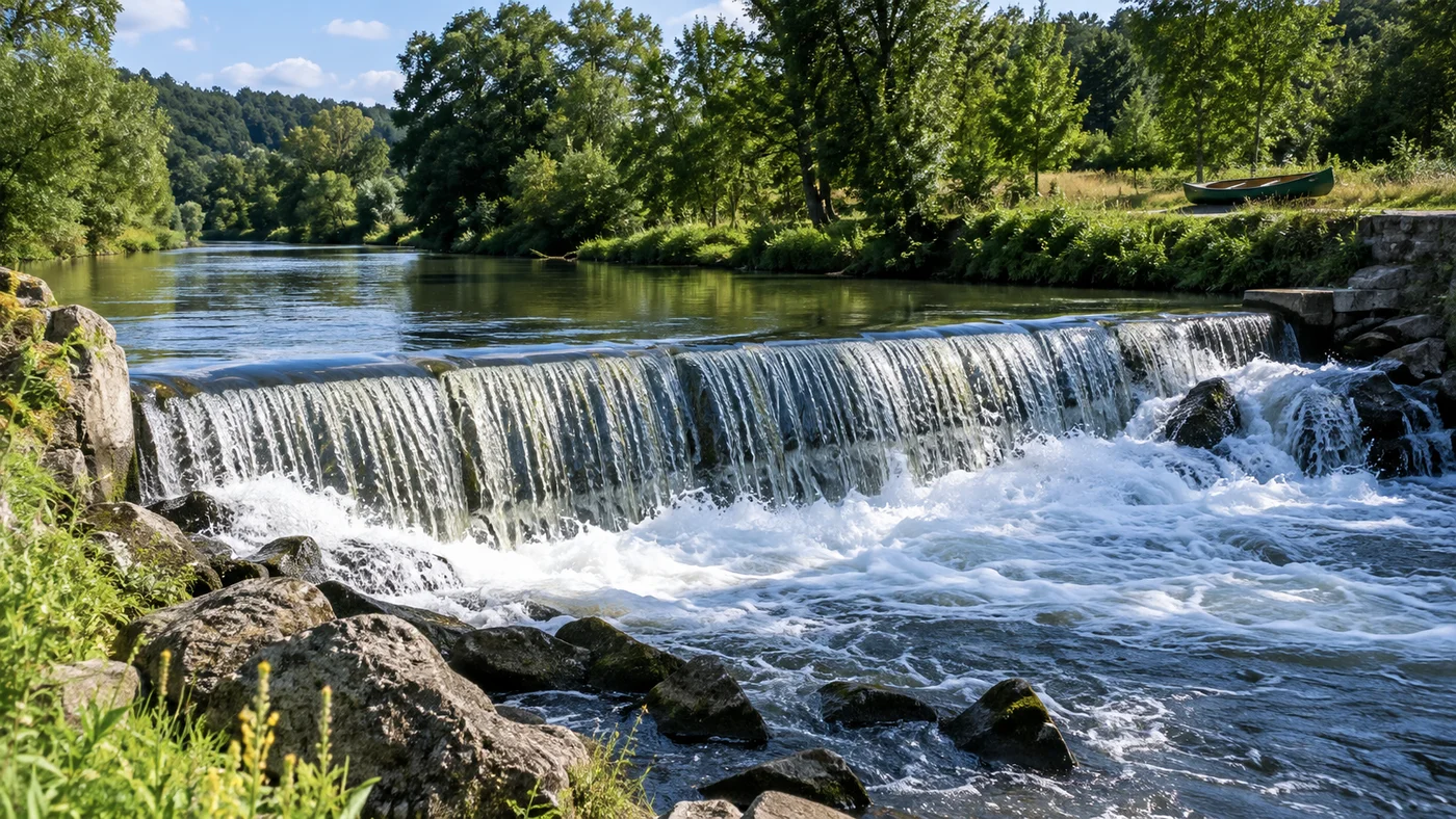 Jez na řece viděný z břehu, pod přelivem pěnící voda a na protějším břehu leží loď