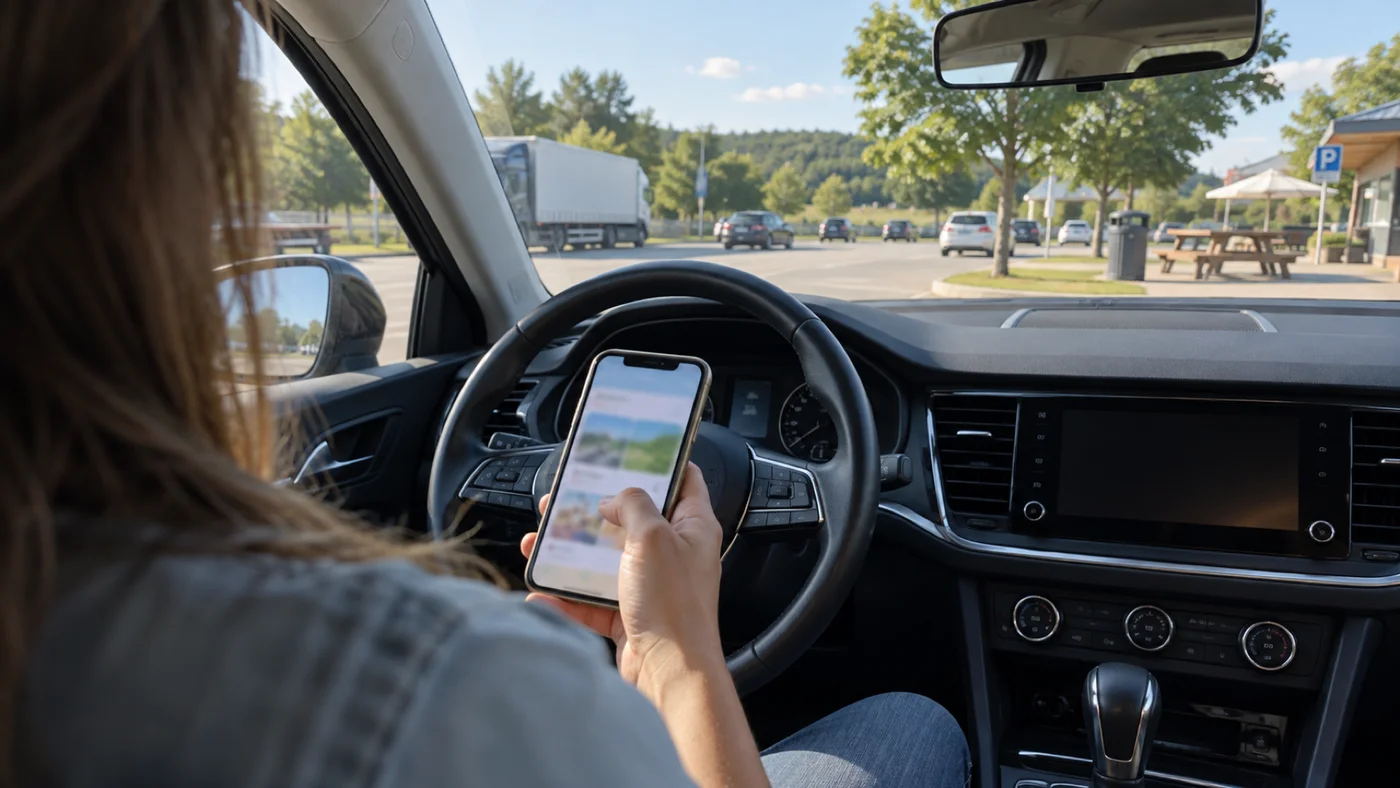 Řidič na parkovišti u dálnice si v telefonu kontroluje údaje před cestou