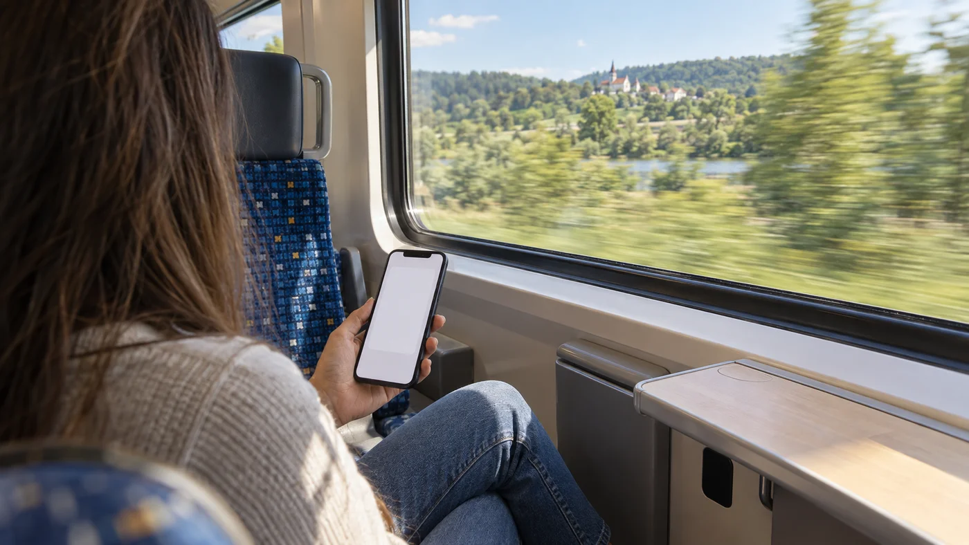 Cestující ve vagonu vlaku si na telefonu prohlíží jízdenku, za oknem ubíhá zelená krajina