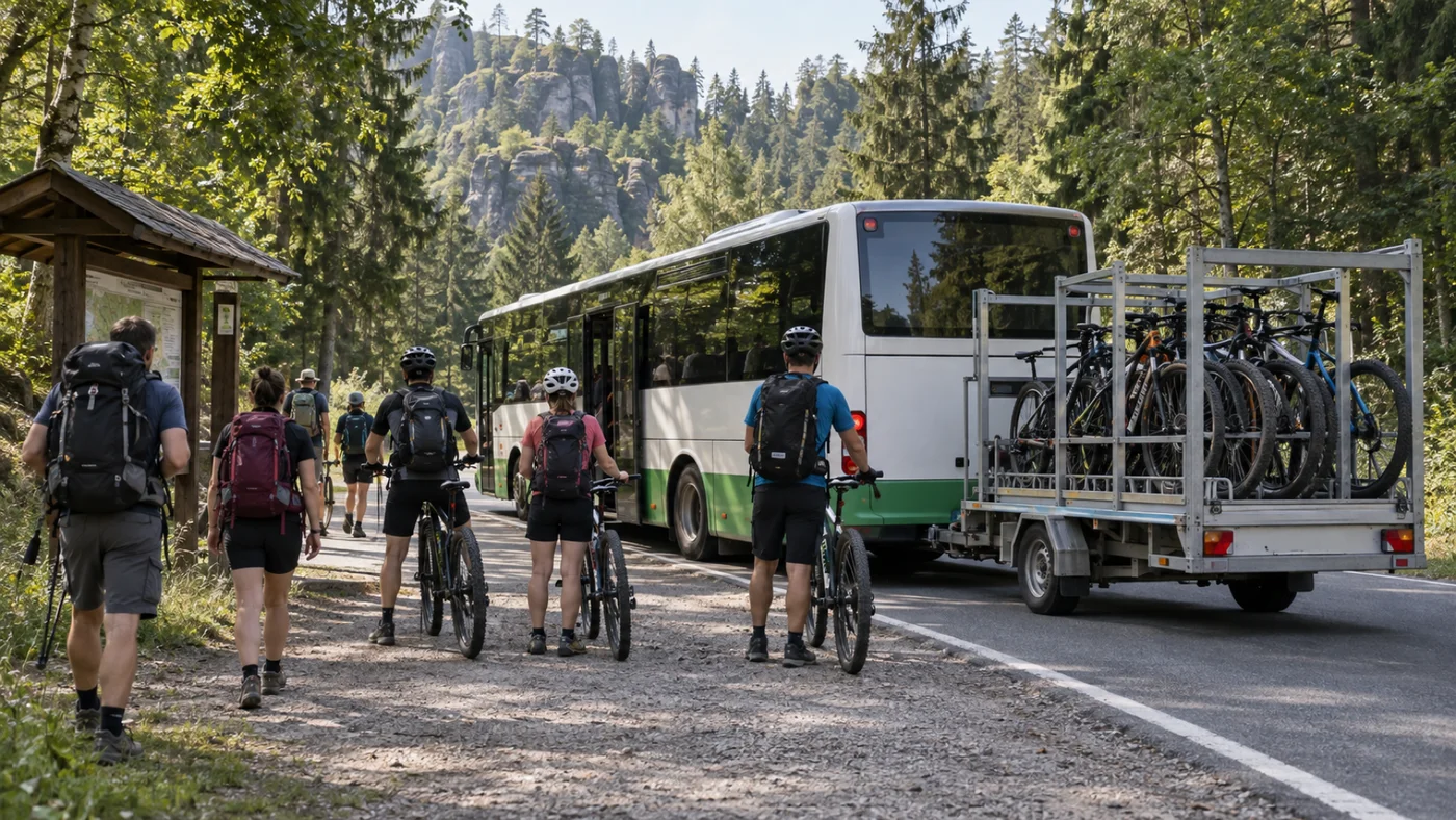 Turistický autobus s přívěsem na kola stojí na lesní zastávce, vedle něj cyklisté a pěší s batohy