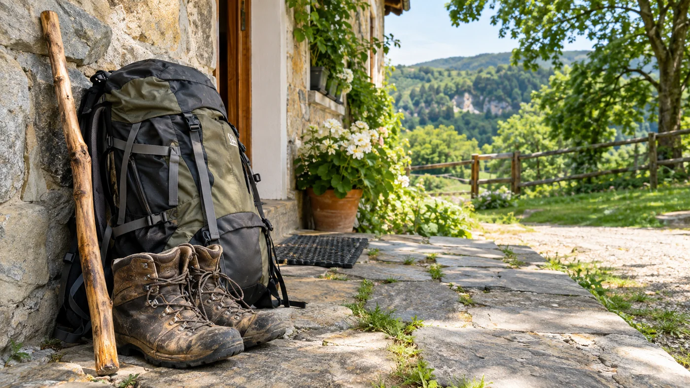 Batoh, turistické boty a hůl opřené o kamennou zeď před nocležnou poutníků