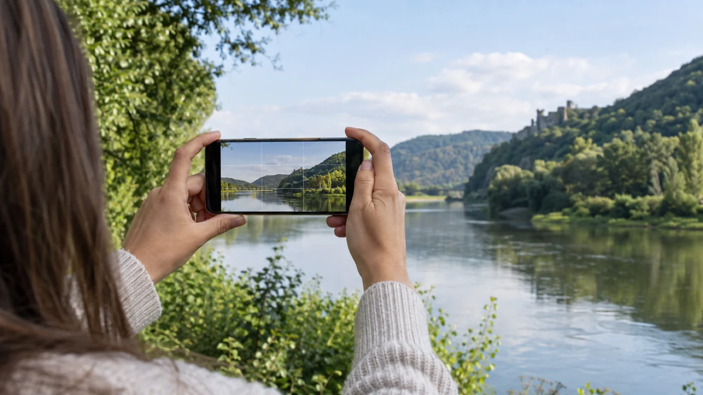 Ruce držící telefon s mřížkou na displeji a záběrem horizontu rozděleným na třetiny