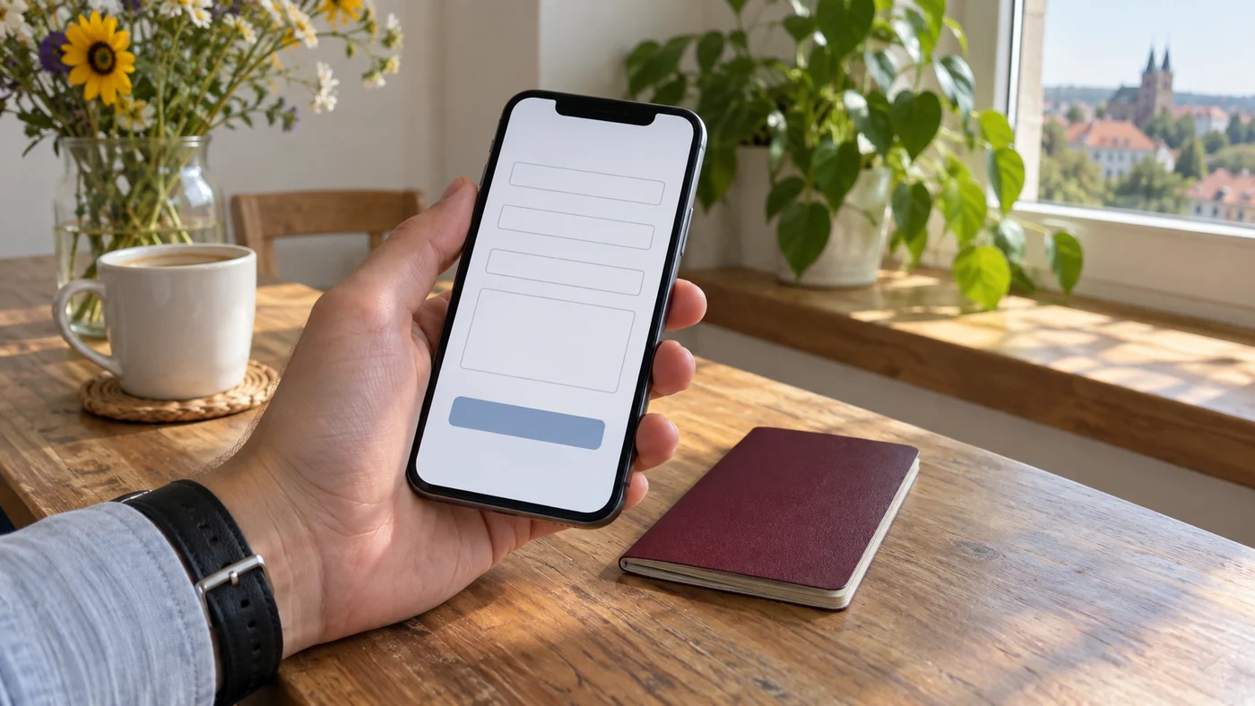 Ruka drží mobilní telefon s otevřenou žádostí nad pasem položeným na stole
