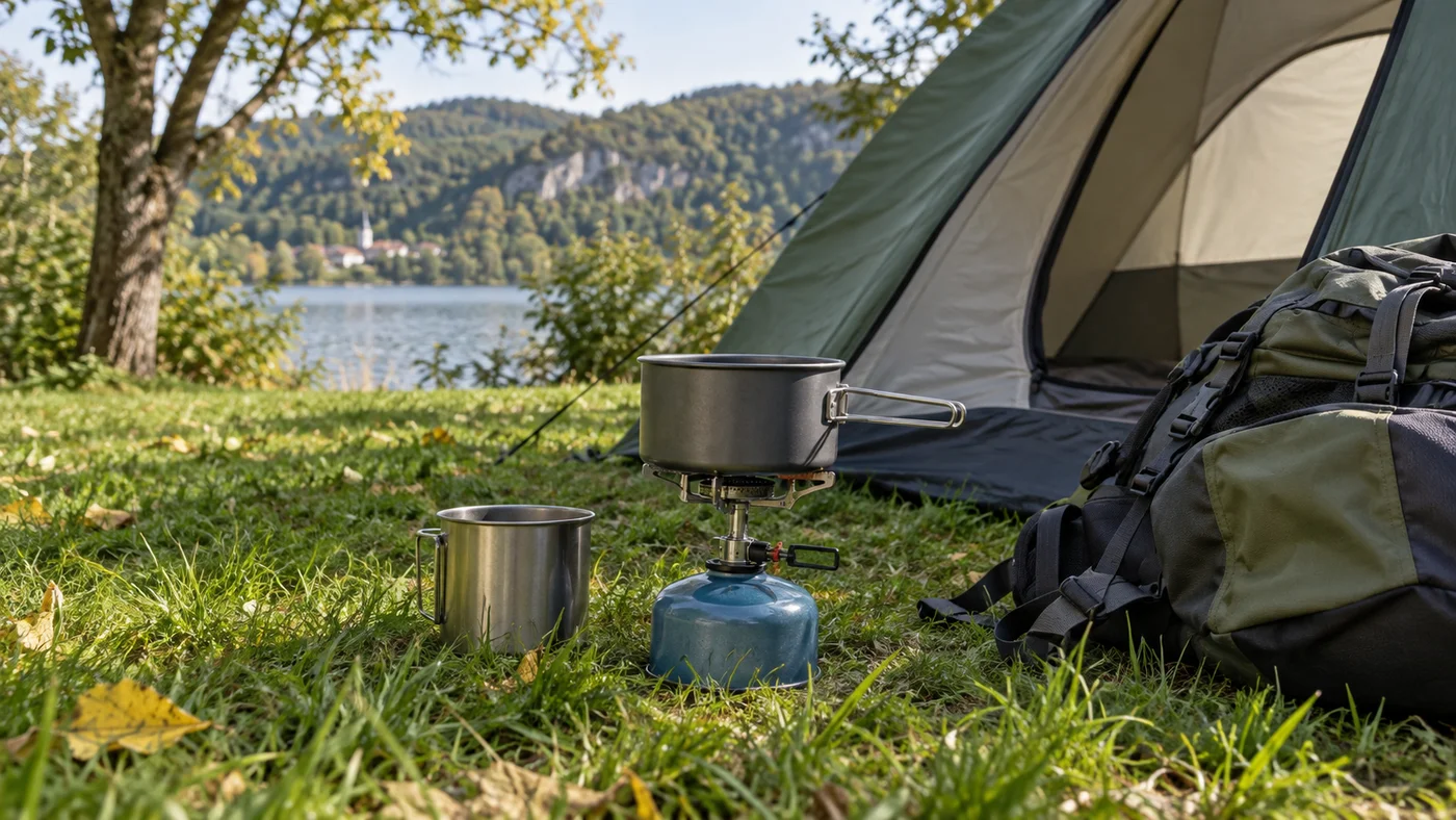 Turistický batoh a plynový vařič vedle stanu na vyhrazeném tábořišti