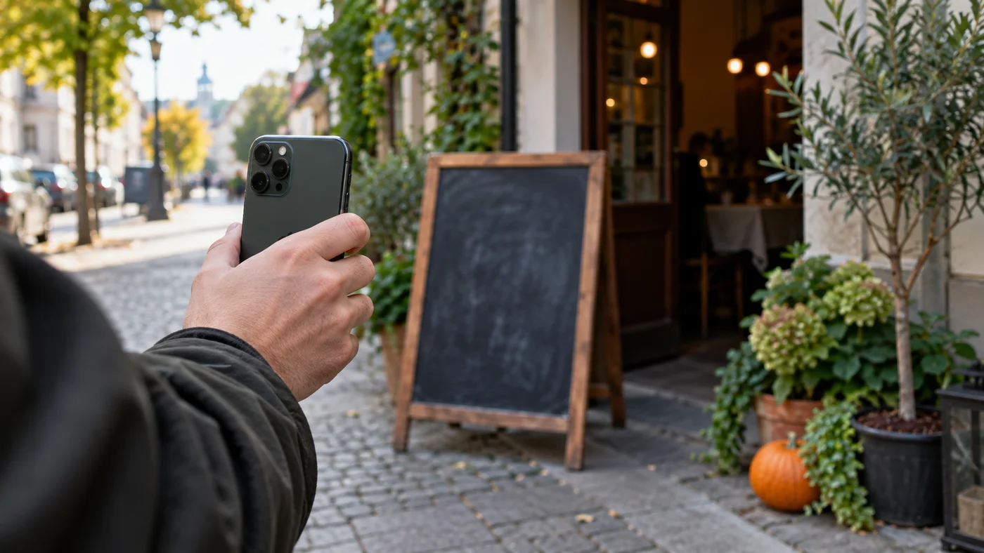 Ruka drží telefon a fotografuje jídelní lístek na dřevěné tabuli u vchodu do restaurace
