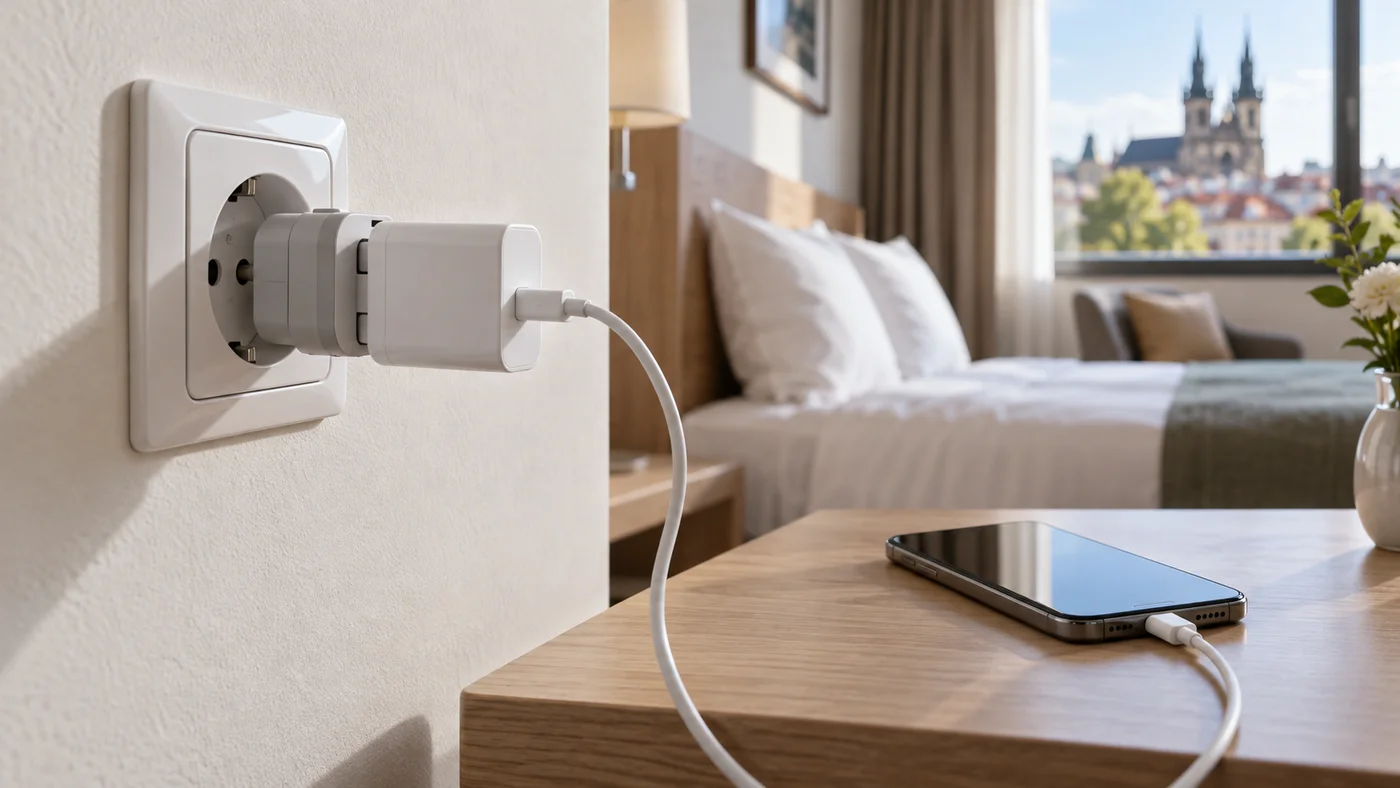 Bílá nabíječka telefonu s cestovním adaptérem zapojená do zásuvky v hotelovém pokoji