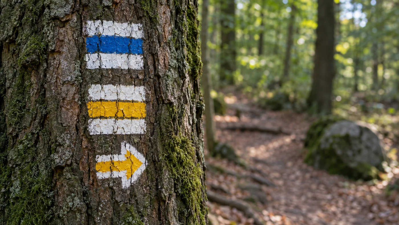 Detail kmene stromu s modrou a žlutou pásovou turistickou značkou a žlutou odbočovací šipkou, v pozadí rozostřená lesní cesta
