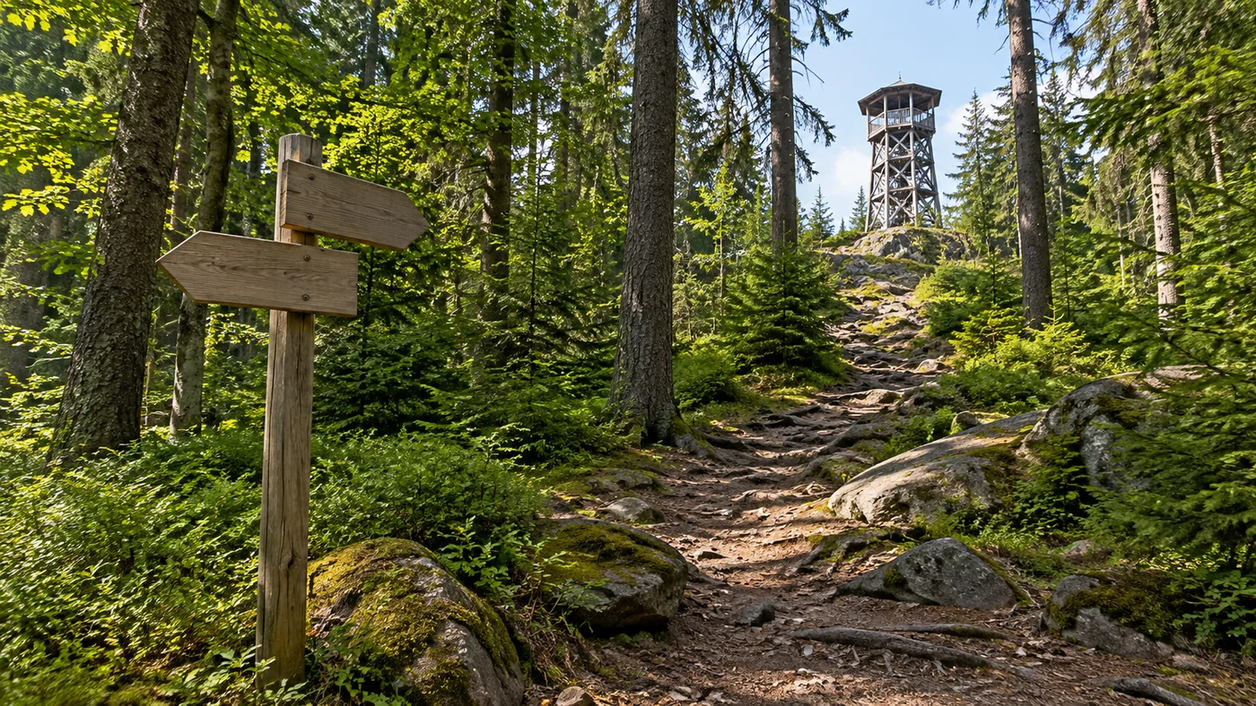 Turistická cesta lesem k rozhledně s dřevěným rozcestníkem