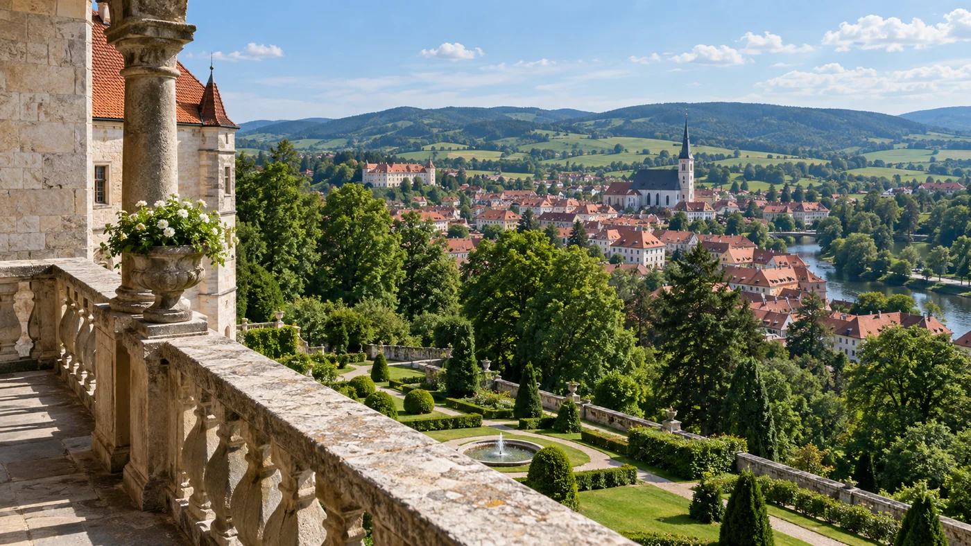 Pohled z věže zámku na park, střechy městečka a zeleň krajiny