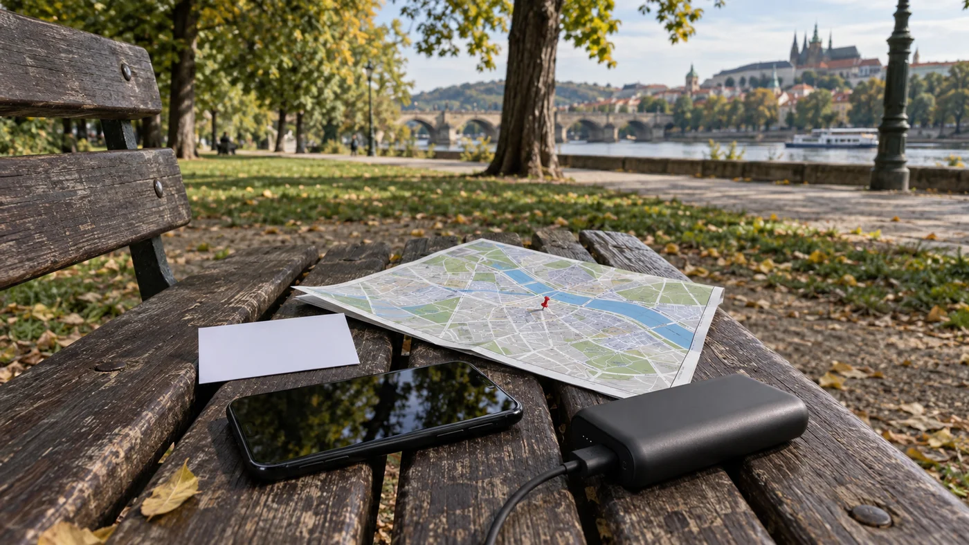 Papírová vizitka ubytování a vytištěná mapa s vyznačeným místem vedle telefonu na lavičce
