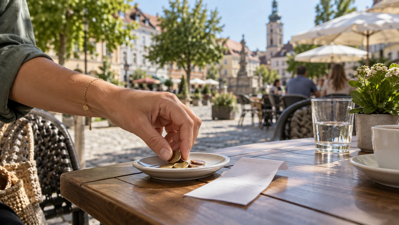 Ruka pokládá mince na talířek vedle účtu na stole restaurace