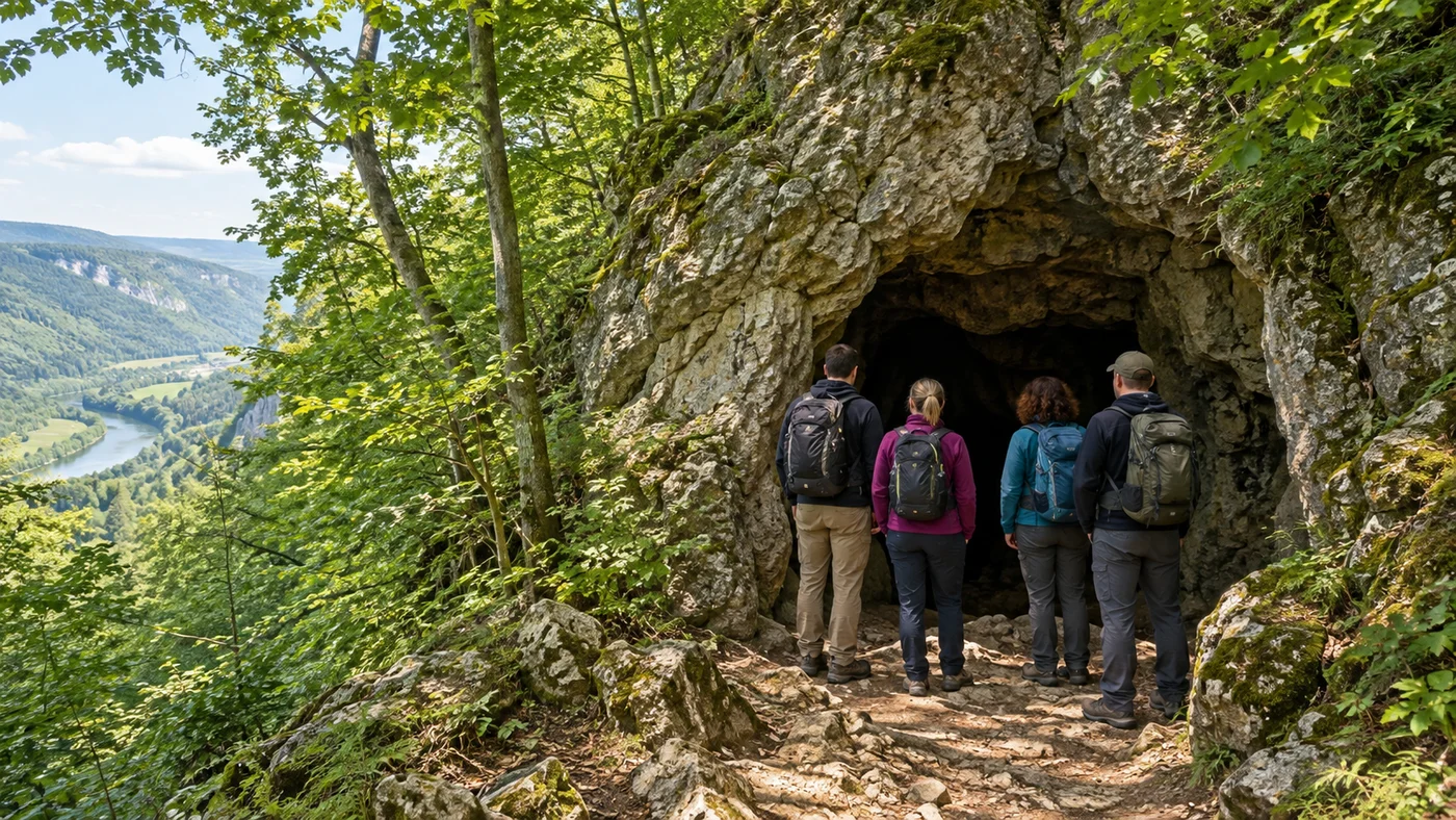 Turisté v mikinách a pevné obuvi před vchodem do jeskyně