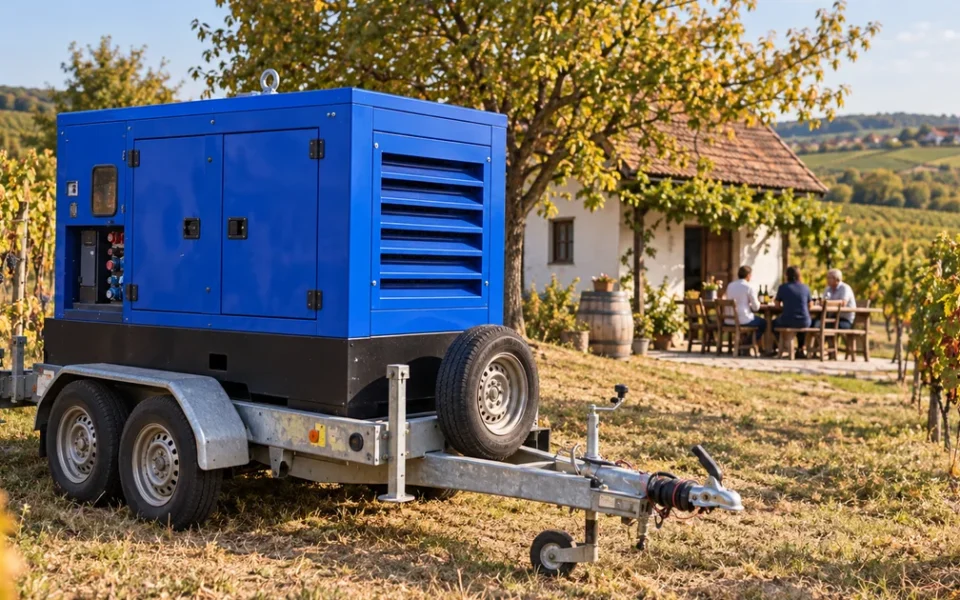 Modrá elektrocentrála na přívěsu u vinařské chaty mezi vinicemi, hosté u degustačního stolu v zářijovém slunci
